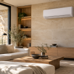 Aire acondicionado mural en un living moderno con piedra natural y madera
