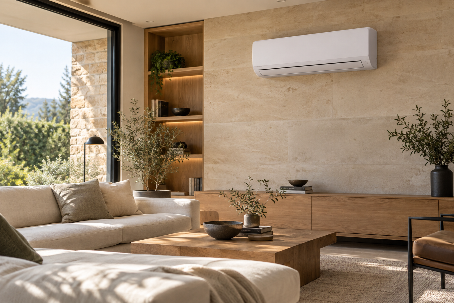 Aire acondicionado mural en un living moderno con piedra natural y madera